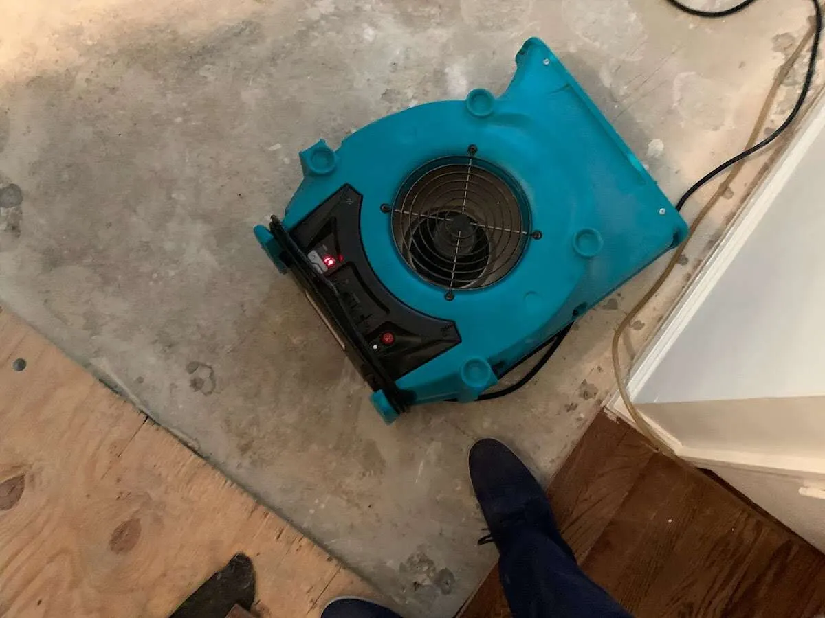 Air mover drying subfloor during Commercial Water Damage Restoration in Hillcrest Heights